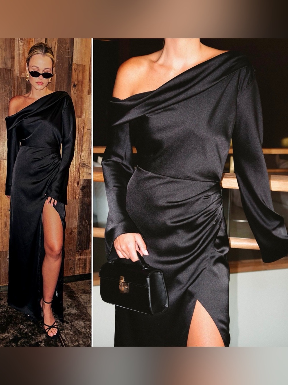 Show Me Your Mumu Jamie Maxi Dress Black Satin Off Shoulder Formal Gown Large L